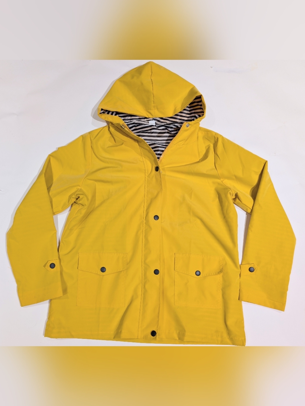 Yellow Striped-Lined Hooded Rain Jacket